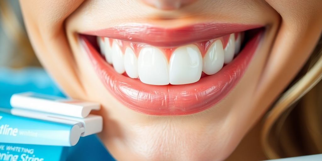 Close-up of bright white teeth and dental products.