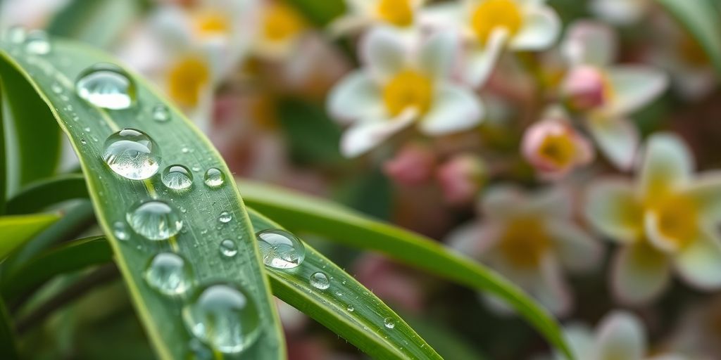 Water droplets on green leaves, symbolizing hydration and spring.