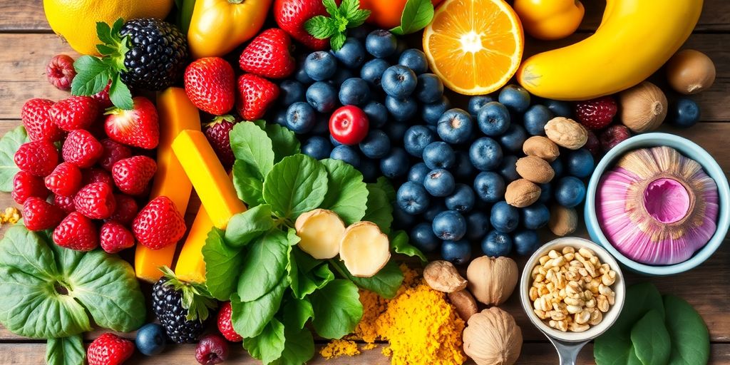 Colorful anti-inflammatory foods on a wooden table.