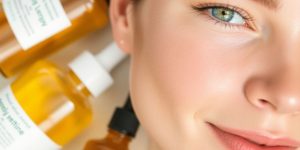 Close-up of radiant skin with skincare products.