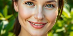 Woman with radiant, smooth skin surrounded by greenery.